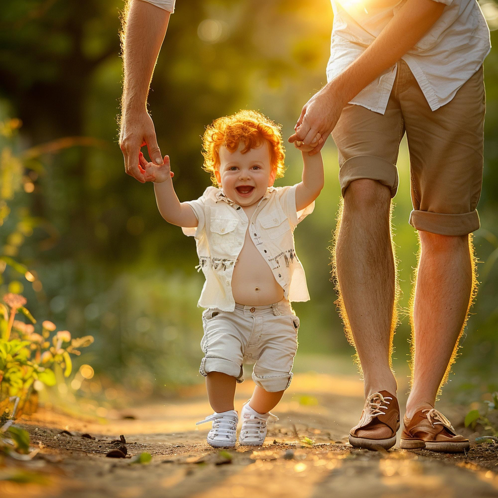 Bambino che muove i primi passi in casa, sorridente e sicuro, circondato da un ambiente sicuro e accogliente