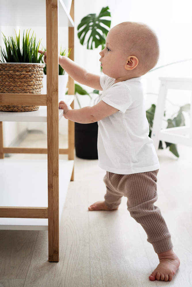 Bambino che si alza in piedi da solo per la prima volta, migliorando equilibrio e sviluppo muscolare