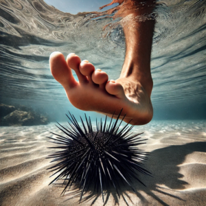 Un piede sta per calpestare un riccio di mare, con le spine di riccio visibili sotto l'acqua. Un pericolo da evitare durante le passeggiate sugli scogli, in quanto le spine di riccio possono causare dolore e fastidi.