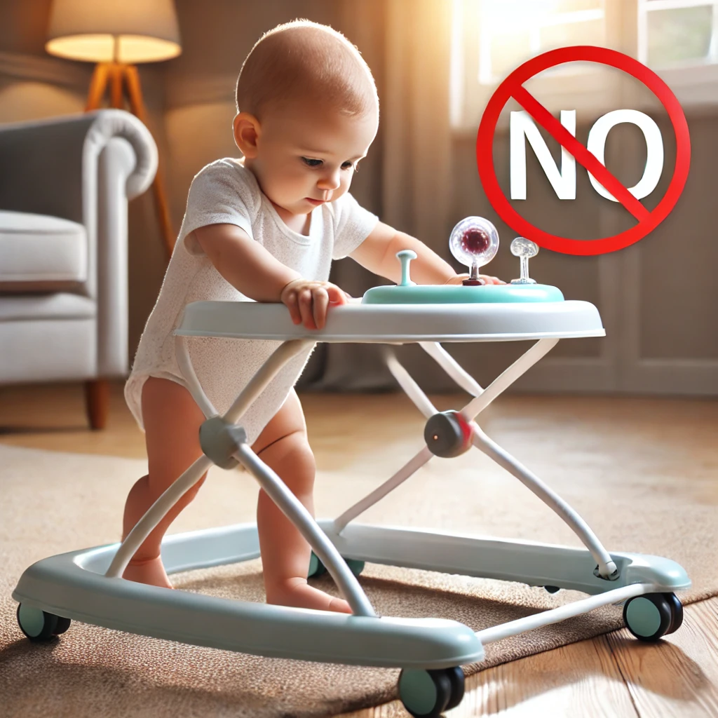 Bambino che cammina con il girello, con testo che suggerisce che non è una buona pratica far camminare i bambini con il girello.