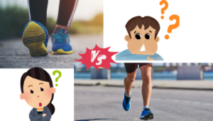 Piedi durante la camminata sportiva affiancati a piedi in corsa per mostrare le differenze tra le due attività